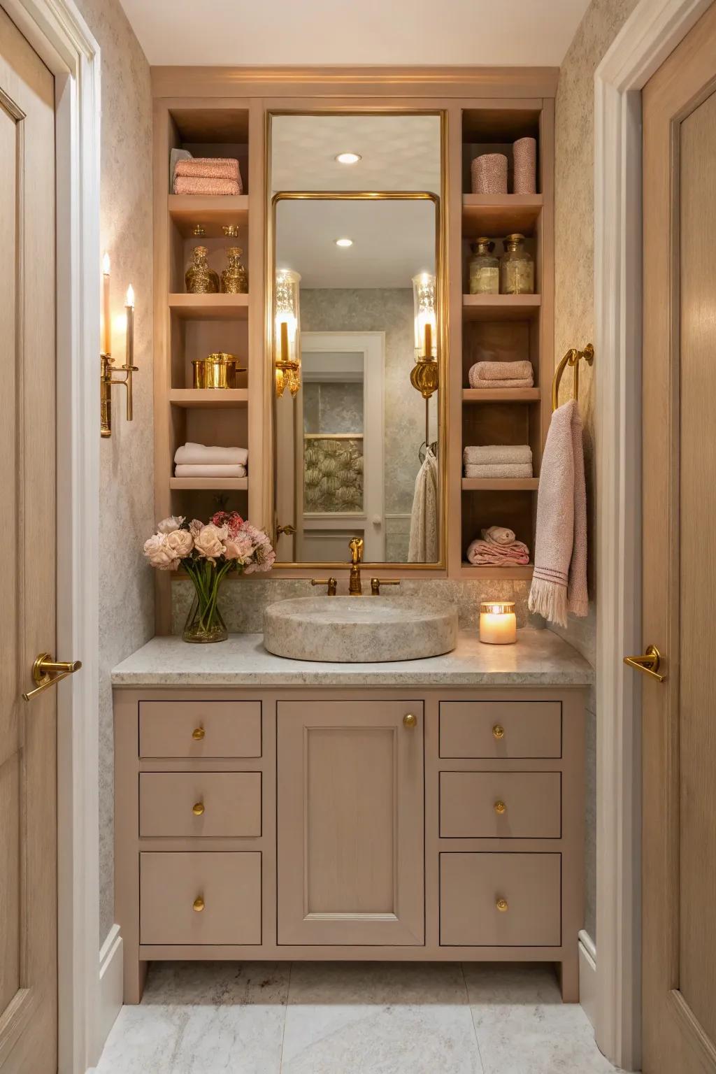 A vanity-closet integration offers elegance and efficiency in one.