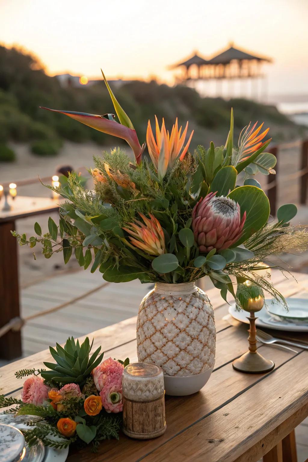 Explore unique textures with a Bird of Paradise and protea flower arrangement.