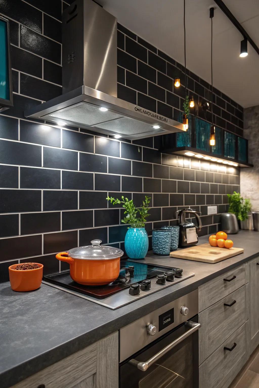 Black slate tiles create a sleek industrial vibe in this modern kitchen.