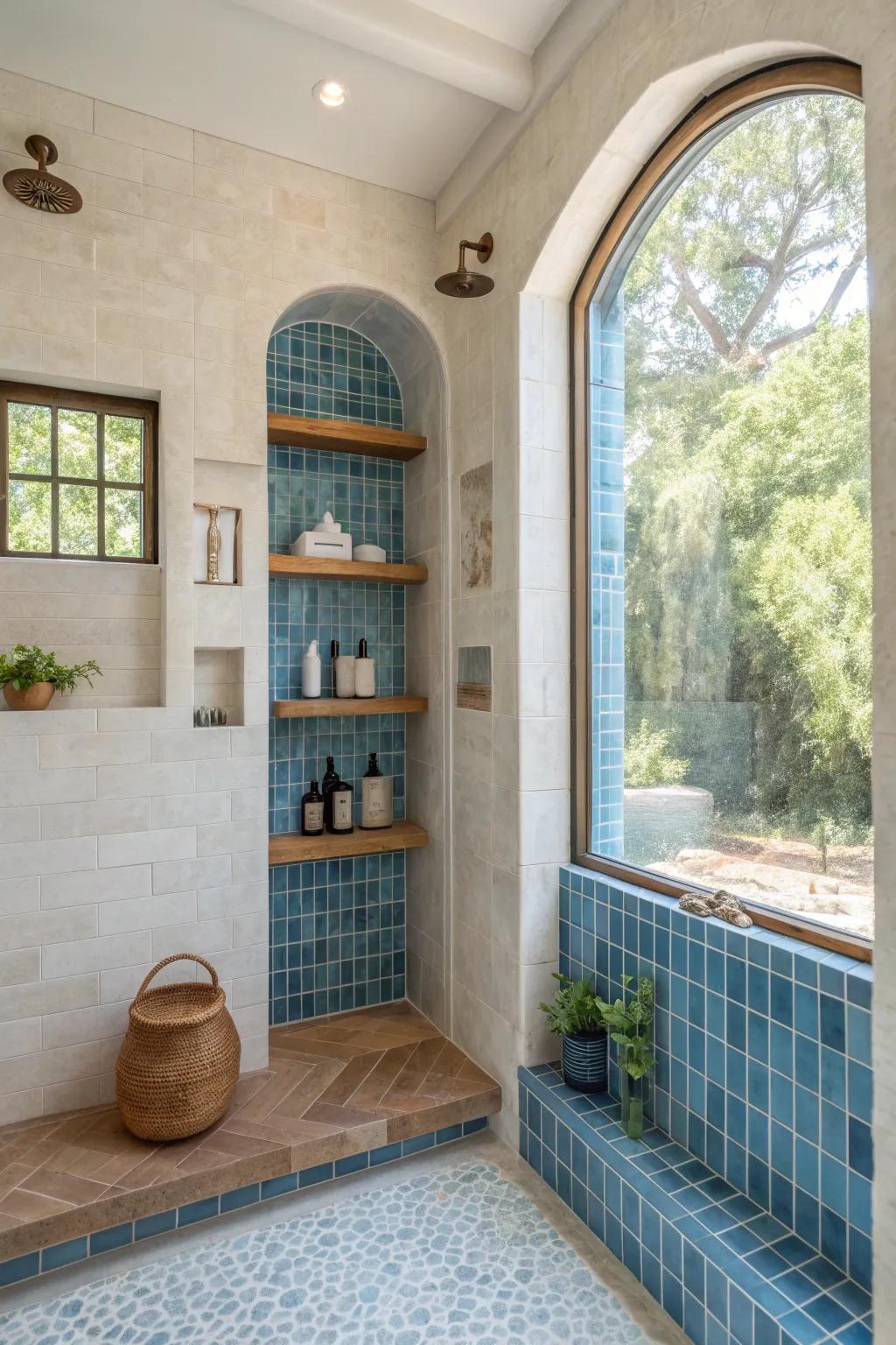 Keep it tidy and stylish with integrated shelving in your blue-tiled shower.