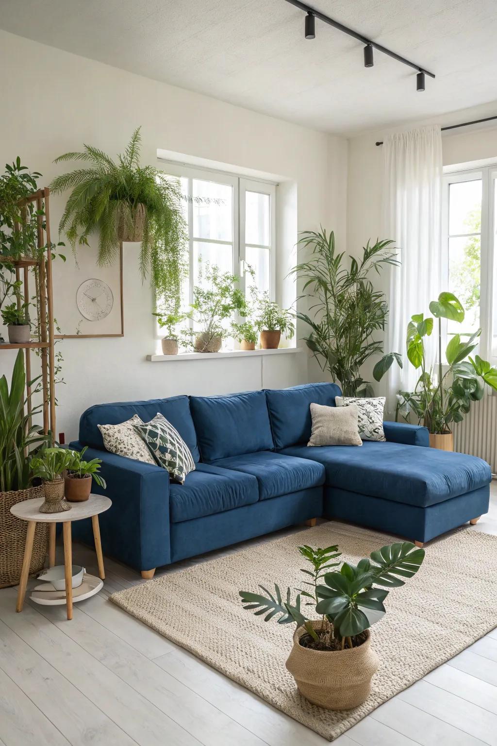 Greenery around a blue sectional adds freshness and vitality to your living room, making it feel alive and welcoming.