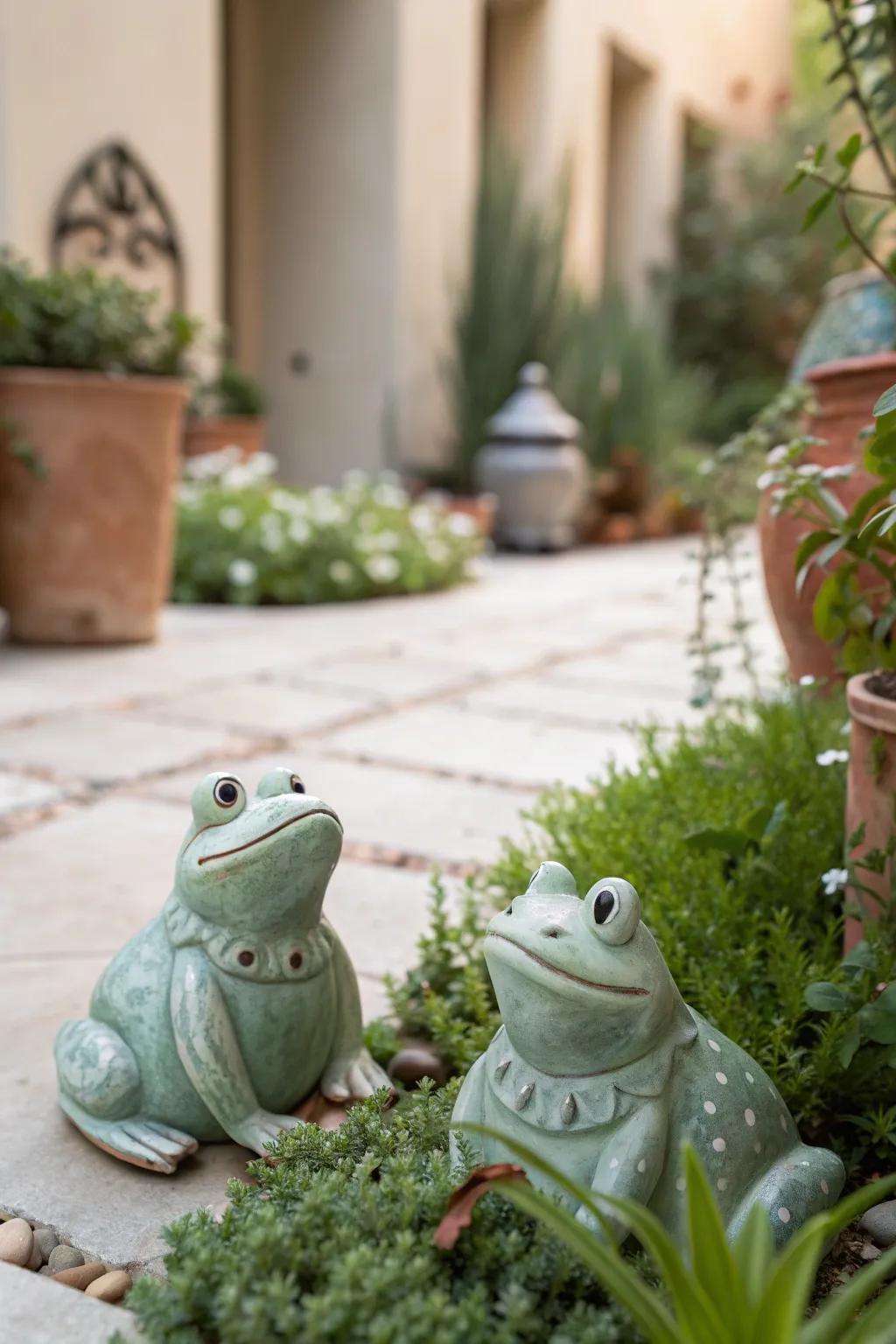 Infuse whimsy into your garden with playful frogs that add personality to your plants.