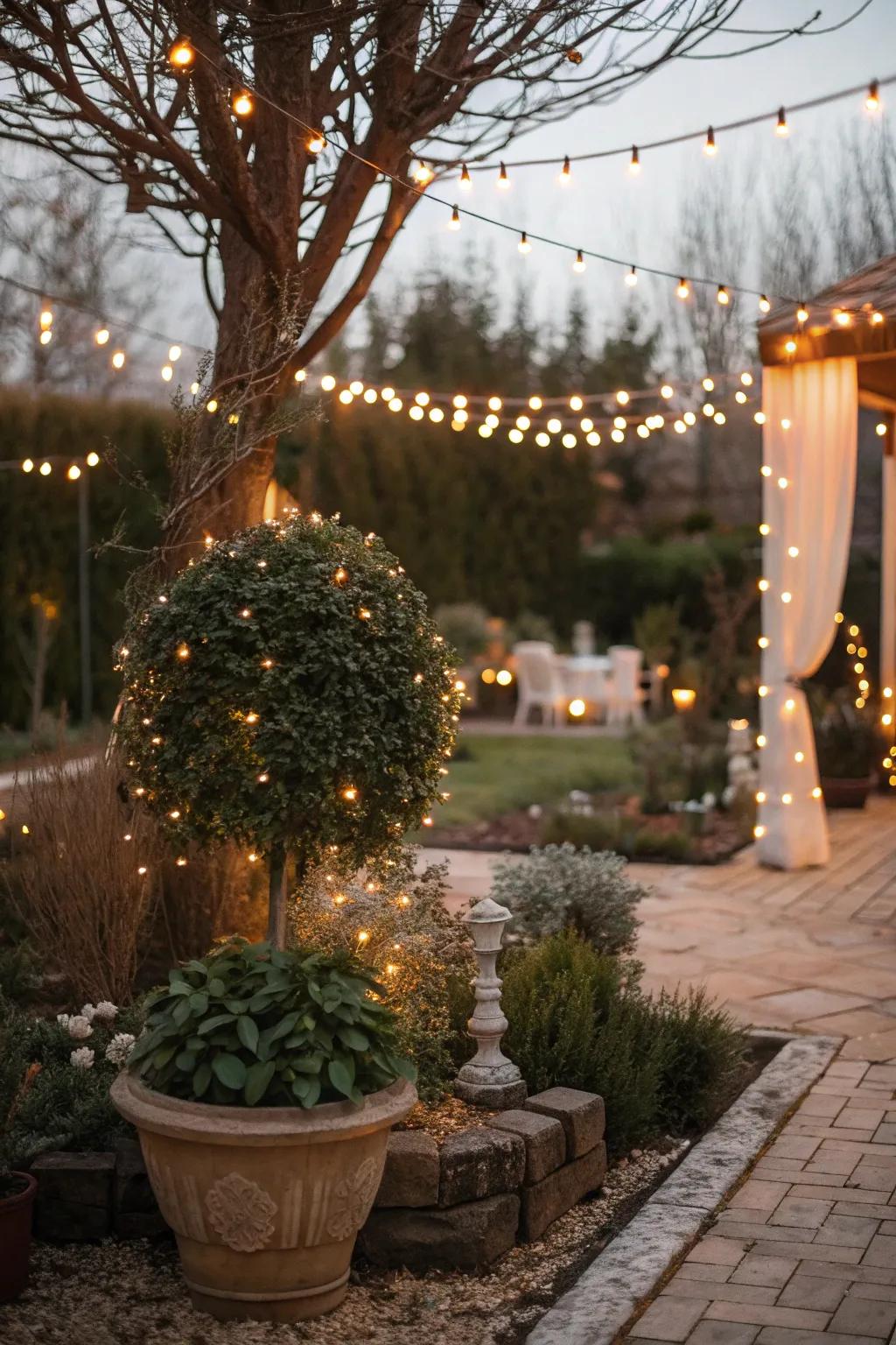 Turn your garden into a twinkling wonderland with fairy lights that sprinkle holiday magic all around.