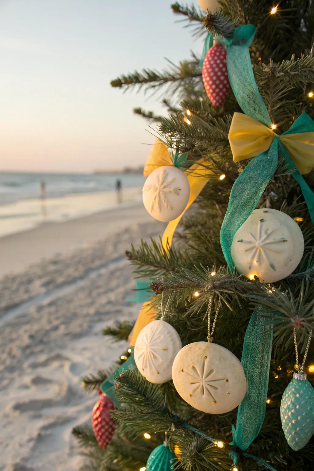 Sand dollar ornaments bring a touch of beach tranquility to your holiday tree.