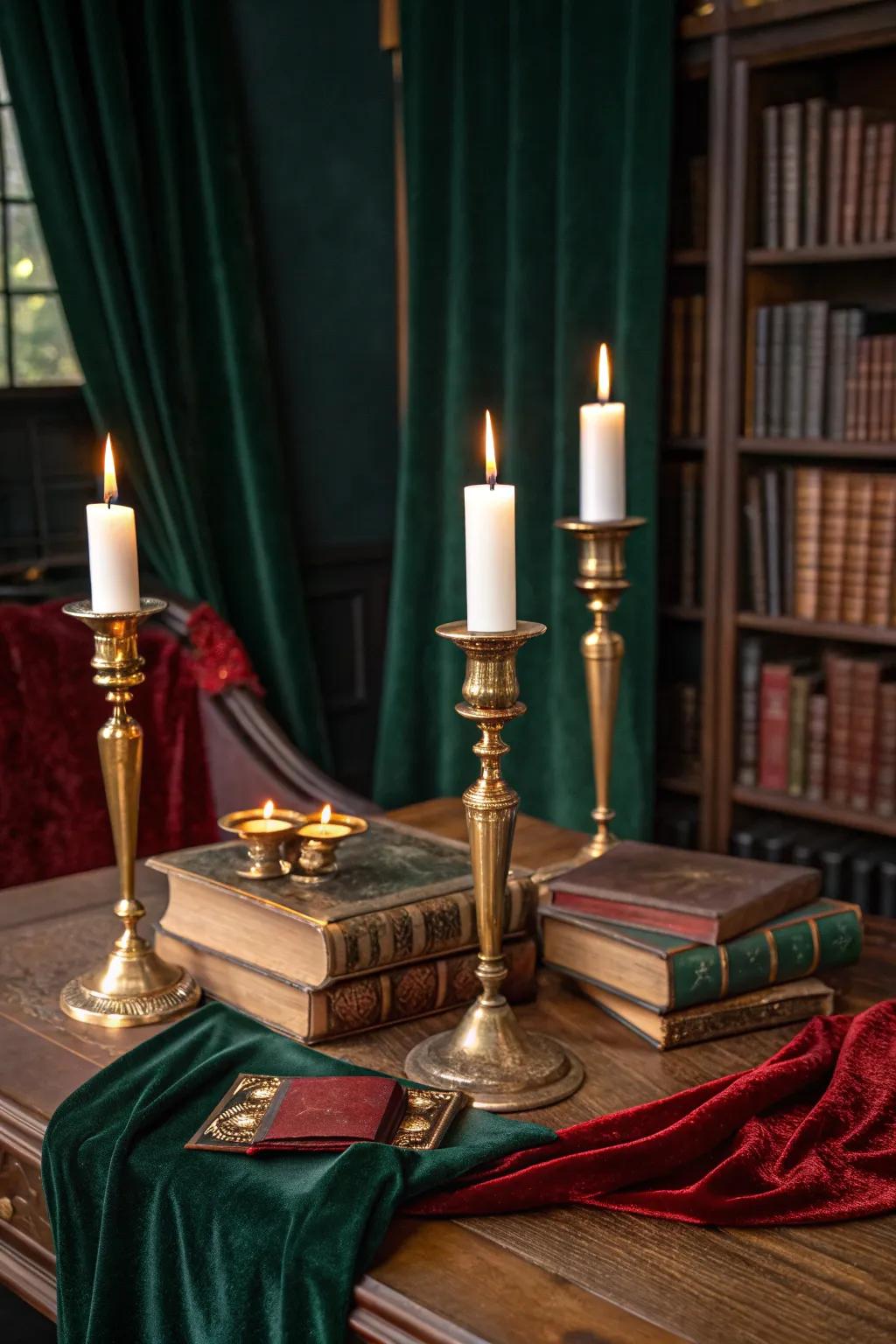 The flickering glow of candles adds warmth and a hint of mystery to your workspace.