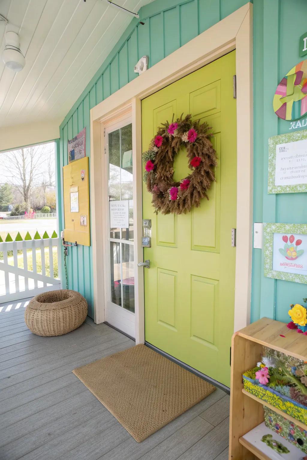 Seasonal decor brings a fresh and festive vibe to the daycare entrance all year round.