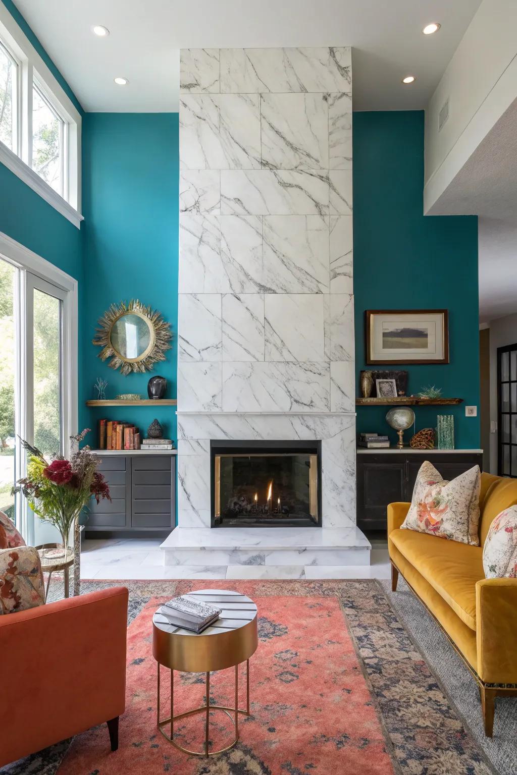 Embrace the timeless elegance of marble-look tiles for a sophisticated and polished fireplace.