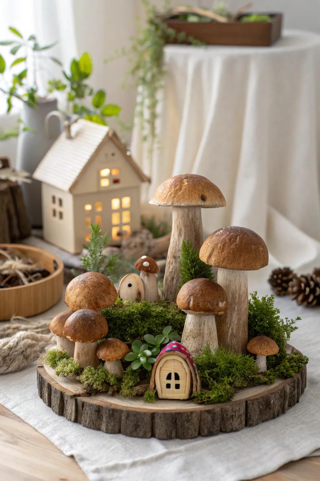 Step into a magical world with this delightful mushroom village display.