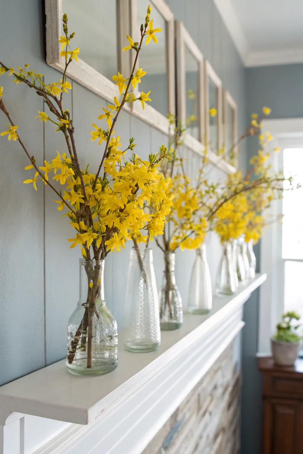Add a minimalist touch with a row of forsythia vases that bring subtle elegance to your wall.