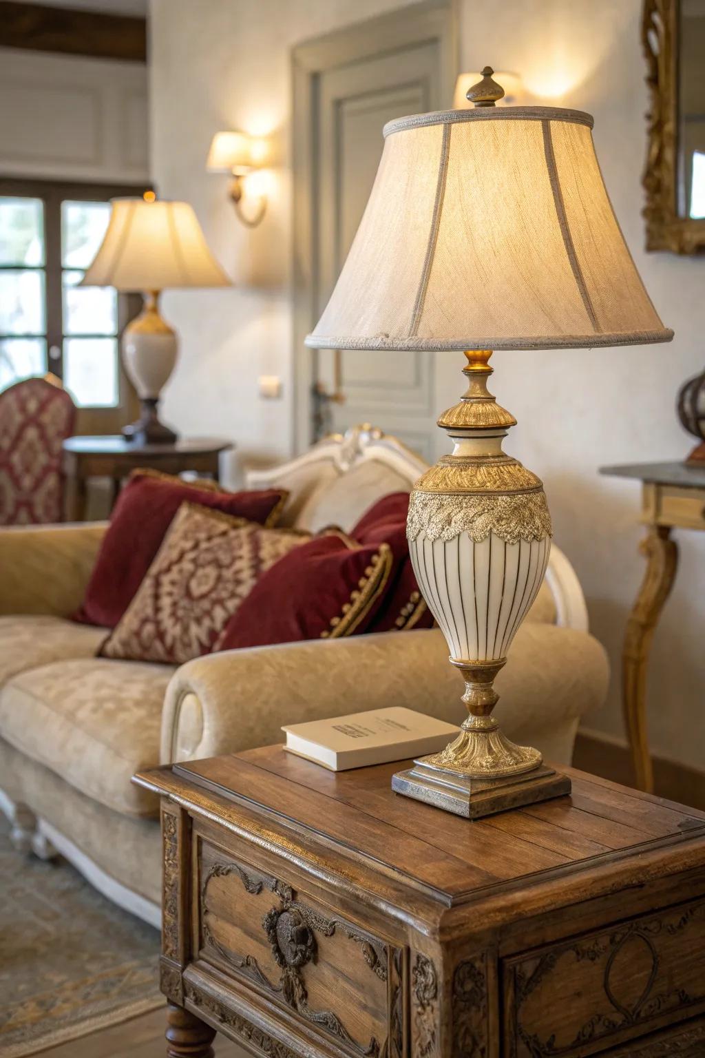 Create a warm glow with a mix of vintage and modern lighting solutions.