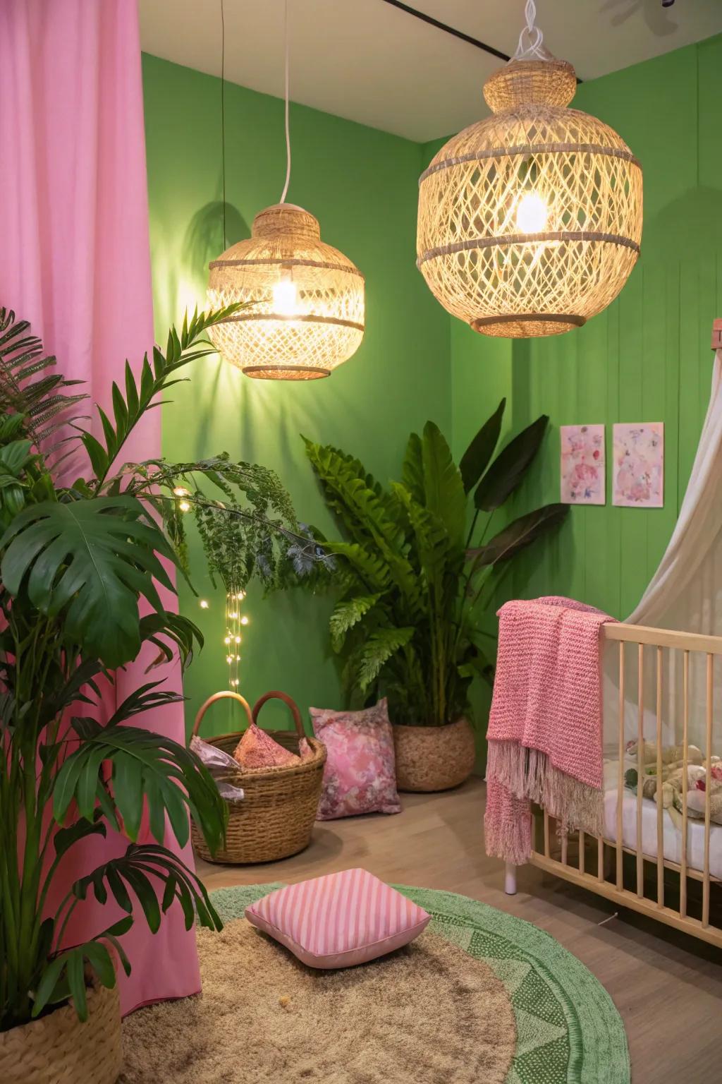 Rattan light fixtures offer texture and warmth, perfect for a cozy boho nursery.