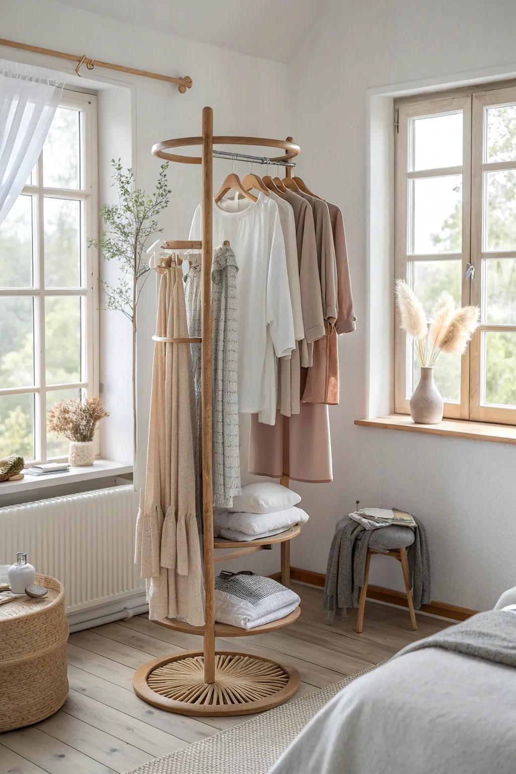 Spin your way to a stylish wardrobe with rotating hanger towers.