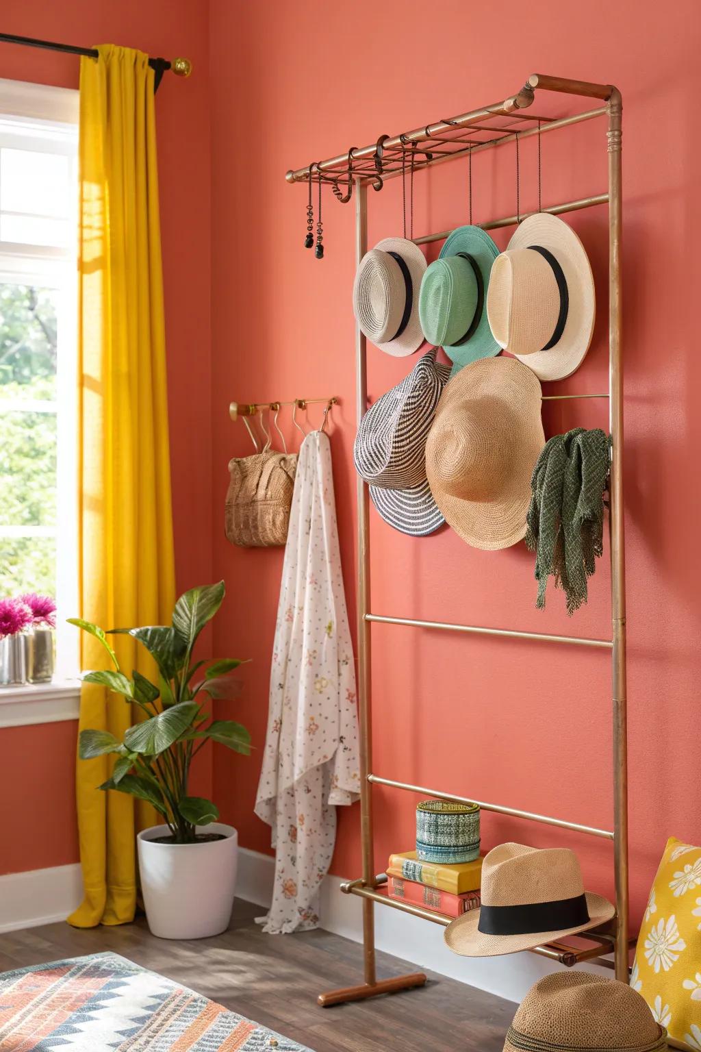Create a custom display with a DIY copper rack that showcases your hats in style.