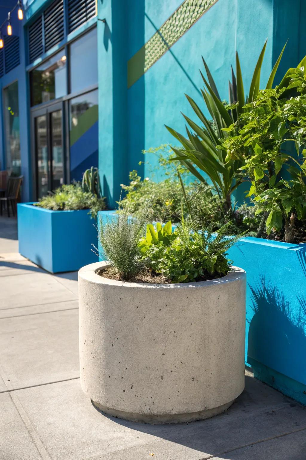 Achieve a modern aesthetic with concrete planters that offer a stylish contrast to lush greenery.