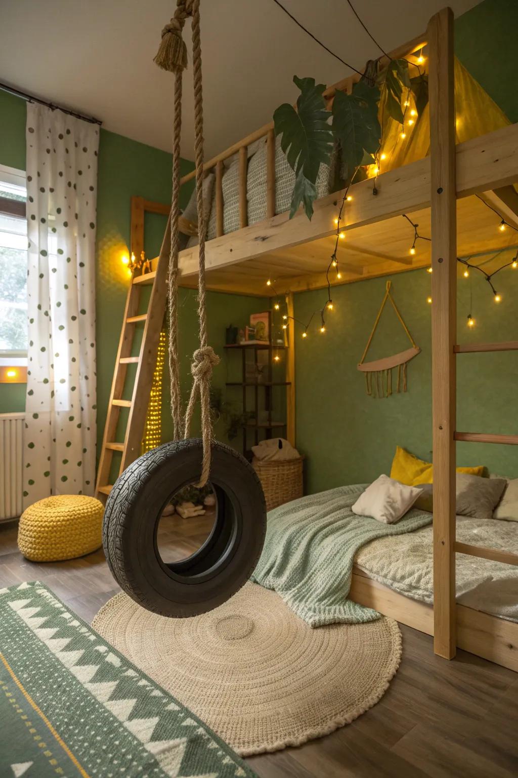 A tire swing offers both nostalgia and fun, creating a unique play space.