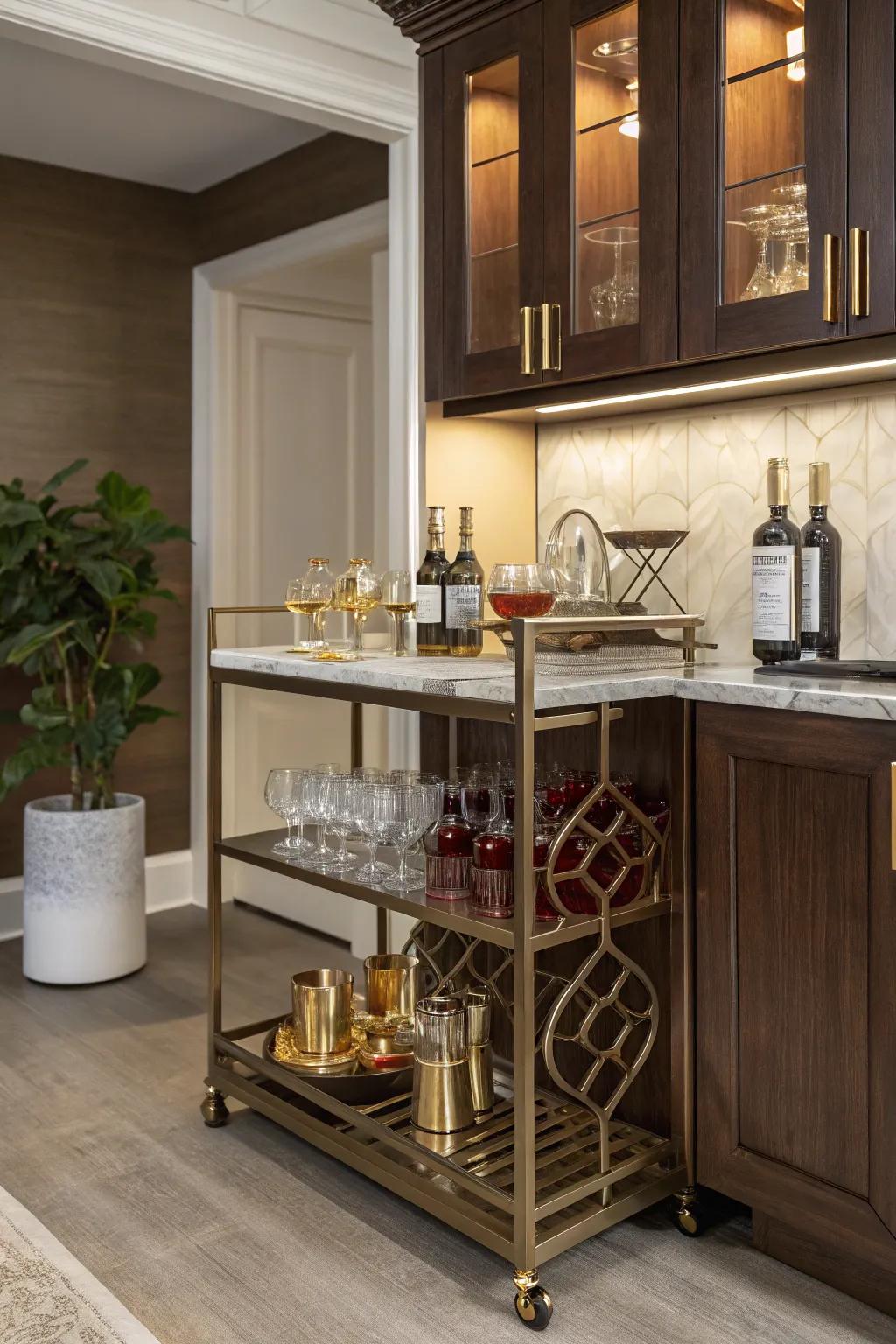 Elevate your kitchen corner with a bar cart that adds flair and function.
