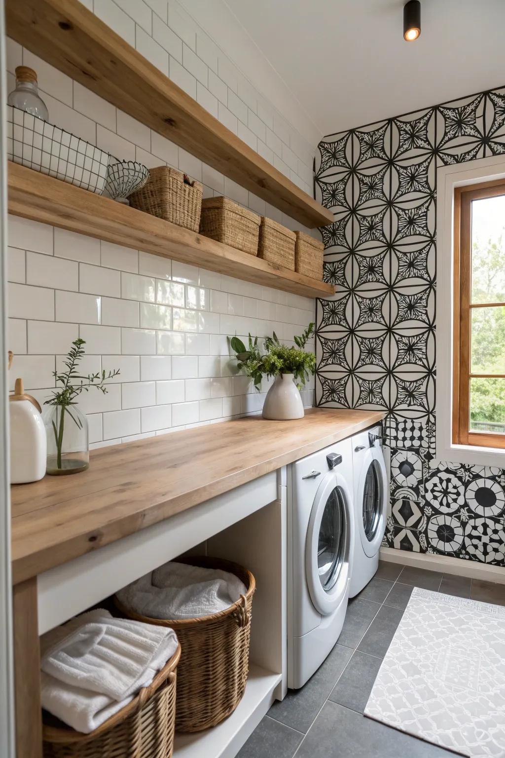 Create a modern contrast with striking black and white tiles in your laundry room.