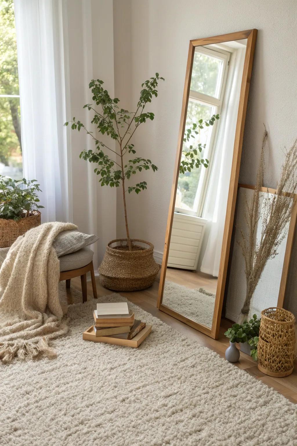 Add dimension to your decor with textured rugs that complement your mirrors.