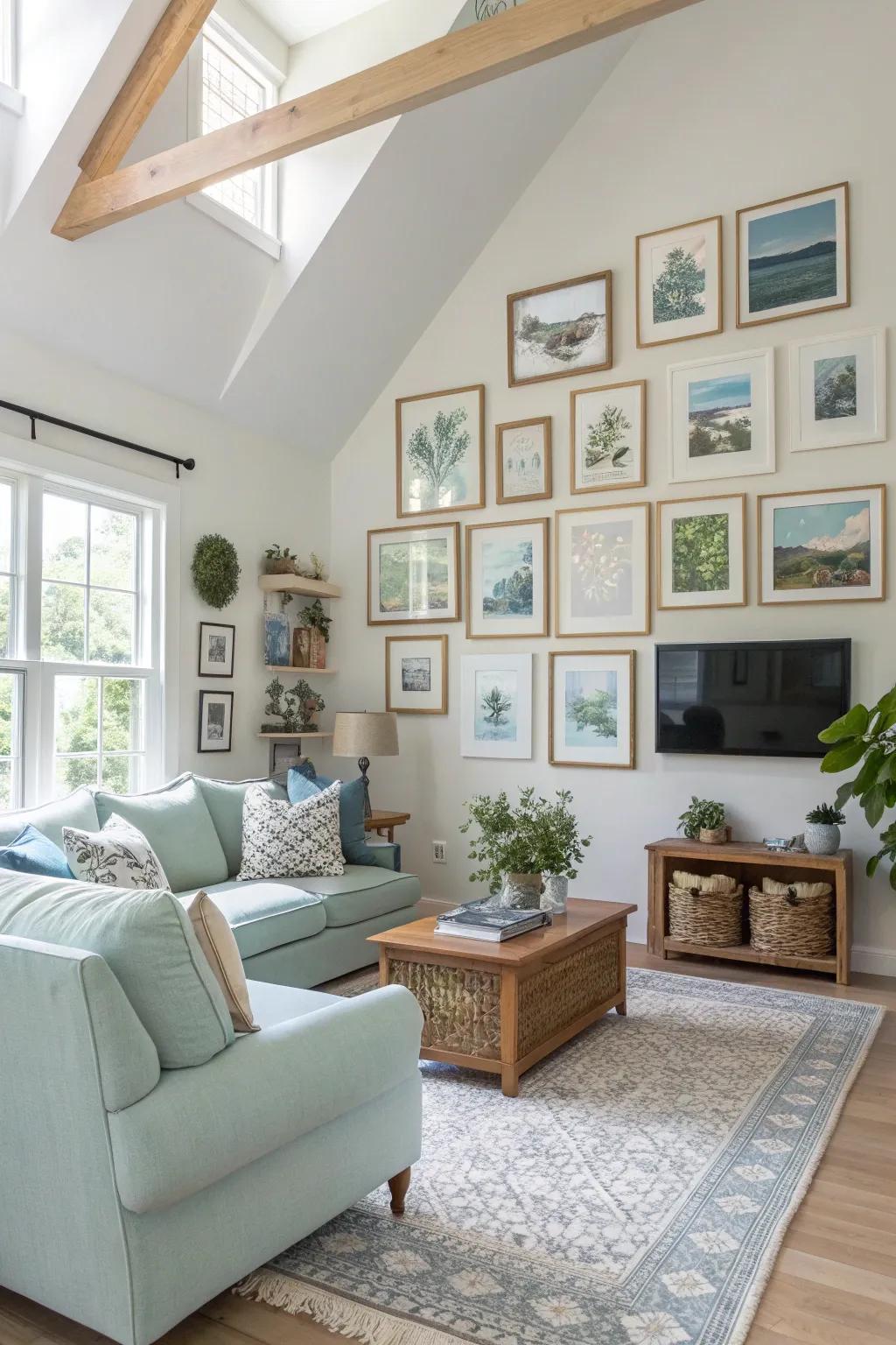 Create a stunning gallery wall to add character and charm to your high-ceiling living room.