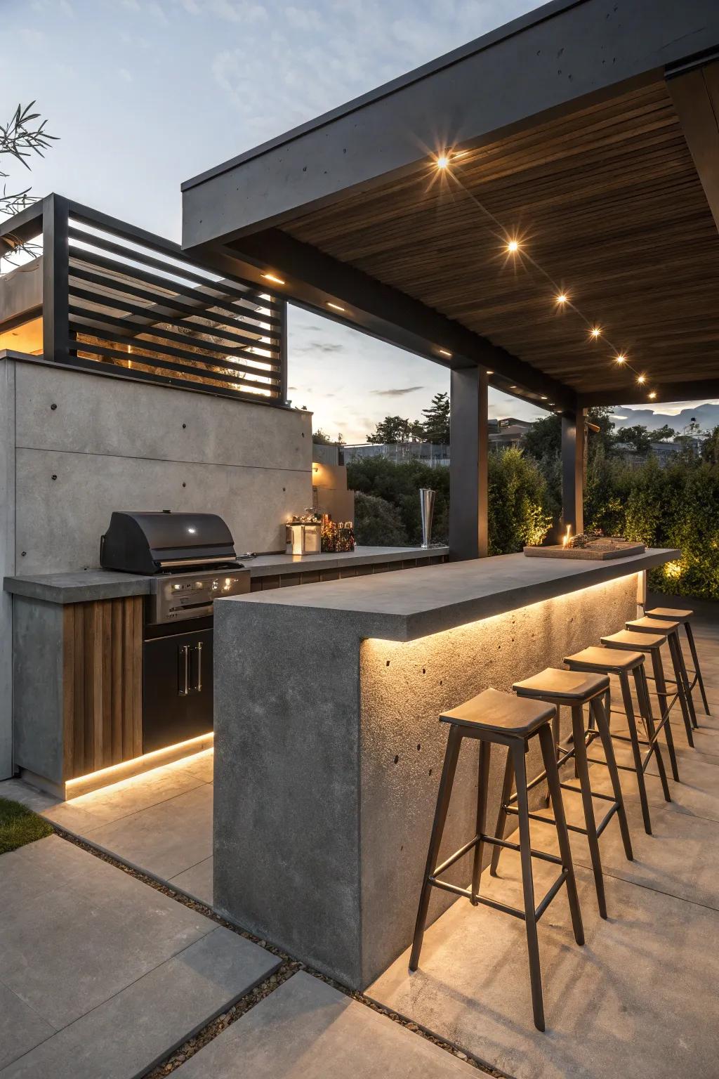 Set the mood with innovative lighting in your concrete outdoor kitchen.