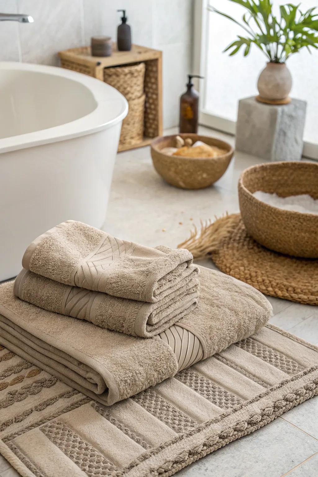 Accessories in earthy tones complete the cohesive look.