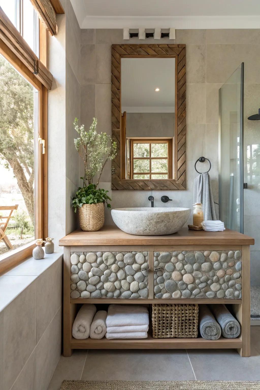 Extend the natural allure with a vanity that echoes the beauty of pebbles.