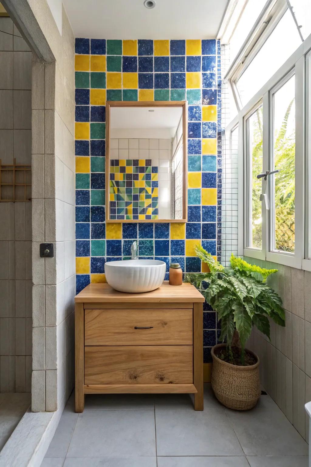 Bring energy to small spaces with vibrant mosaics that pack a colorful punch. #VibrantSpaces #SmallBathroom #TileMagic