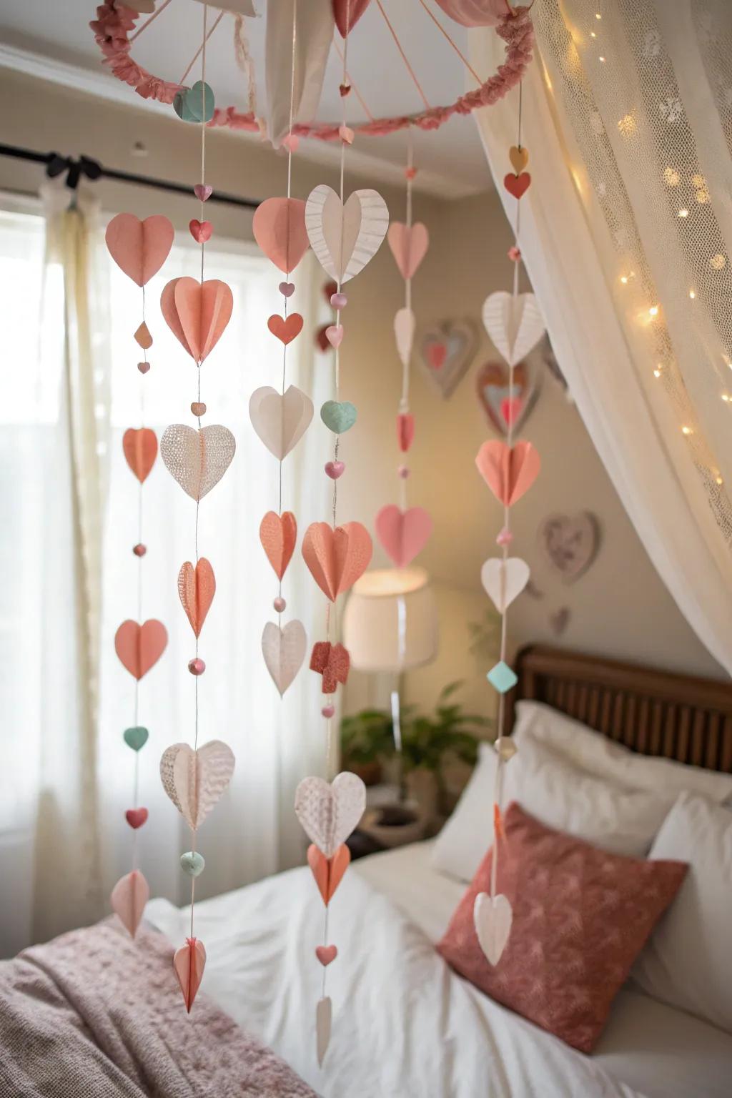 Dreamy paper heart mobiles add a delicate touch to any bedroom.