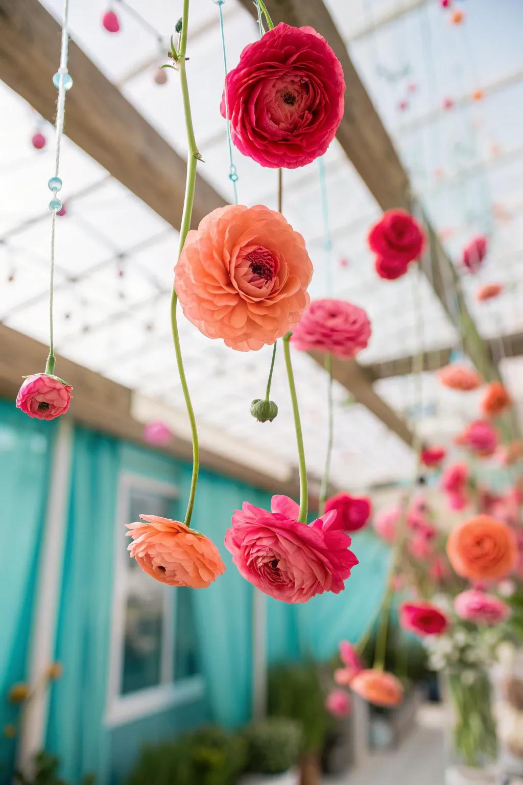 Transform your space with a whimsical hanging display of ranunculus 🎈 #StudioDecor #CreativeSpaces
