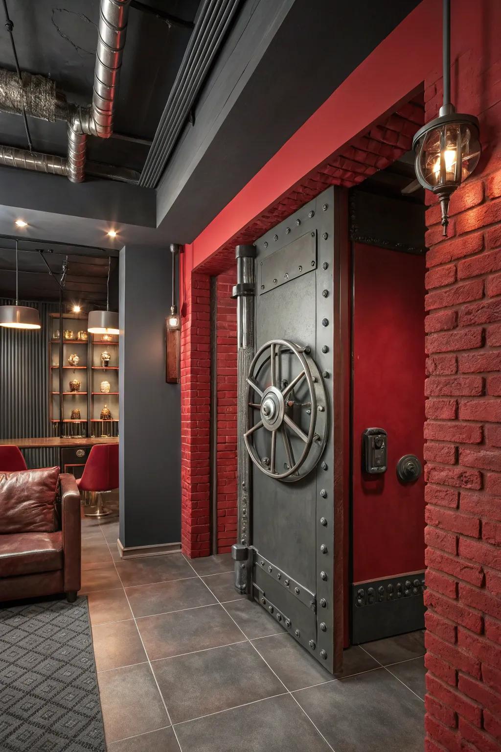 Add an edgy touch with industrial elements to complement red and gray tones.