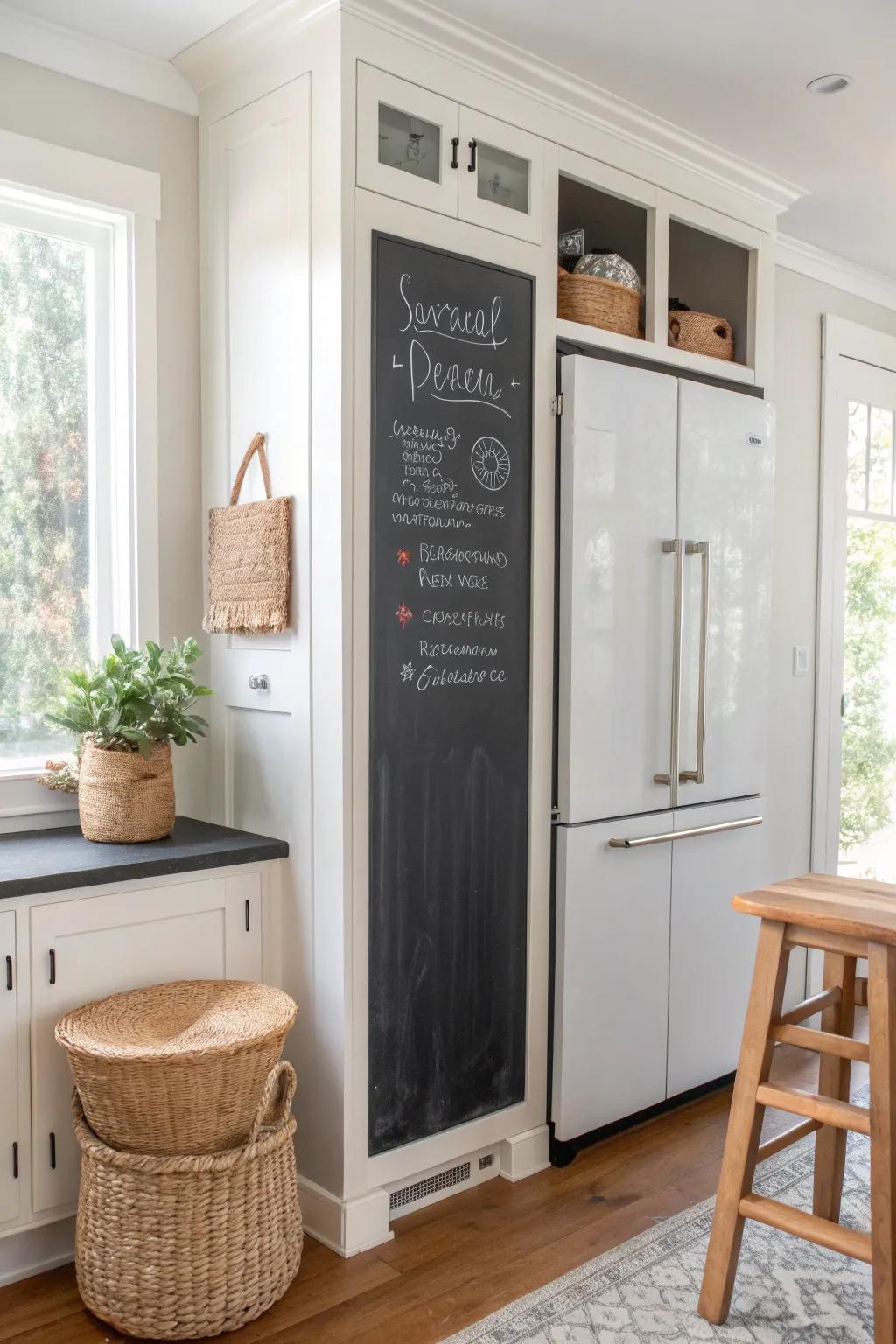 Keep your family organized and entertained with a chalkboard panel perfect for daily notes.