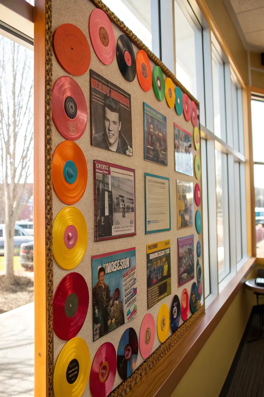 Frame your board with record covers for a creative and vibrant touch.