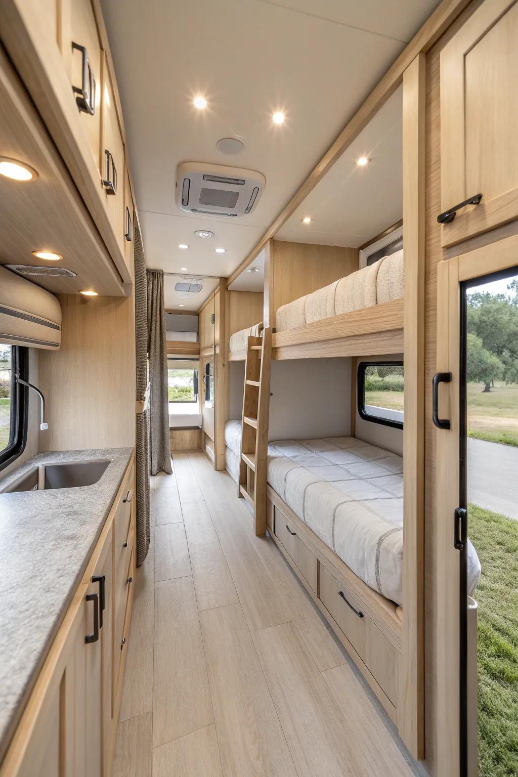 Achieve a modern look with sleek, minimalist bunk bed designs in your RV.