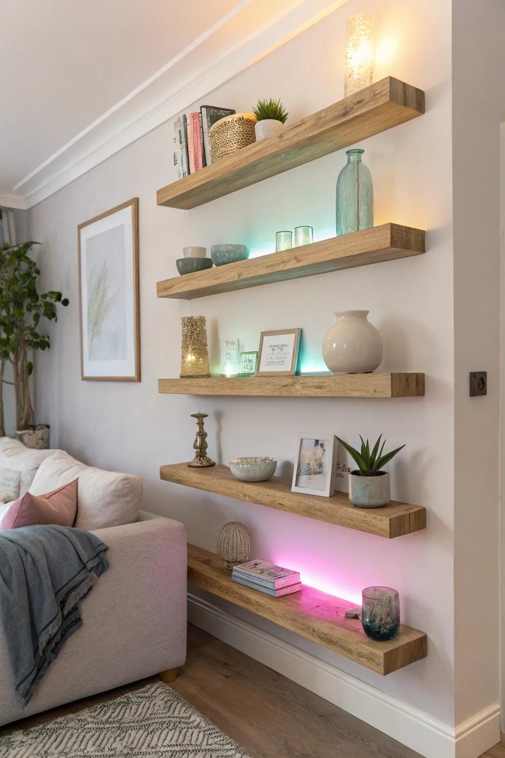 Add a playful and dynamic touch to your home with color-changing shelf lights that set the mood.