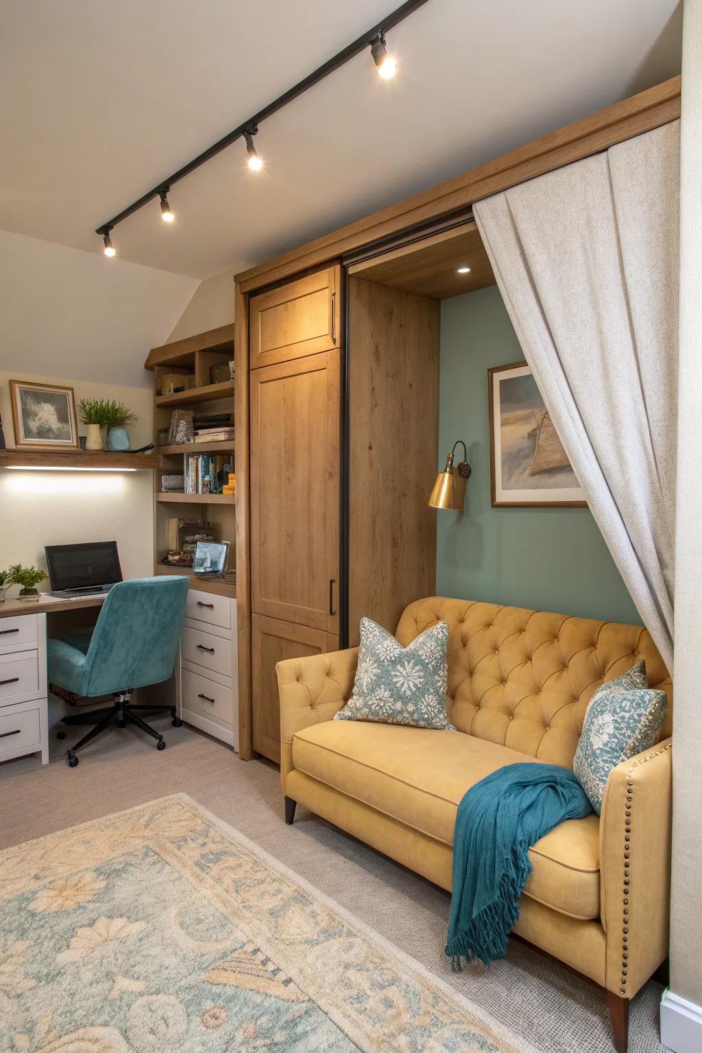 Transform your workspace into a relaxing lounge area with the right Murphy bed setup.