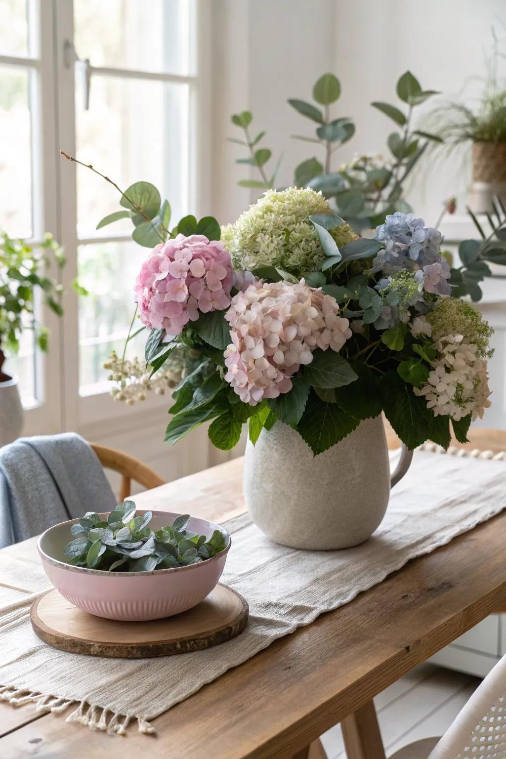 Create a calming oasis with a hydrangea and eucalyptus arrangement that soothes the senses.