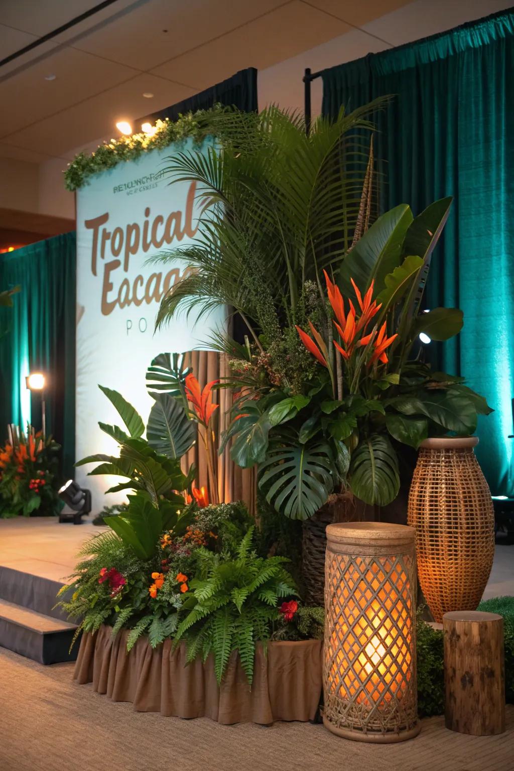 Escape to paradise with a tropical-themed stage backdrop filled with greenery.