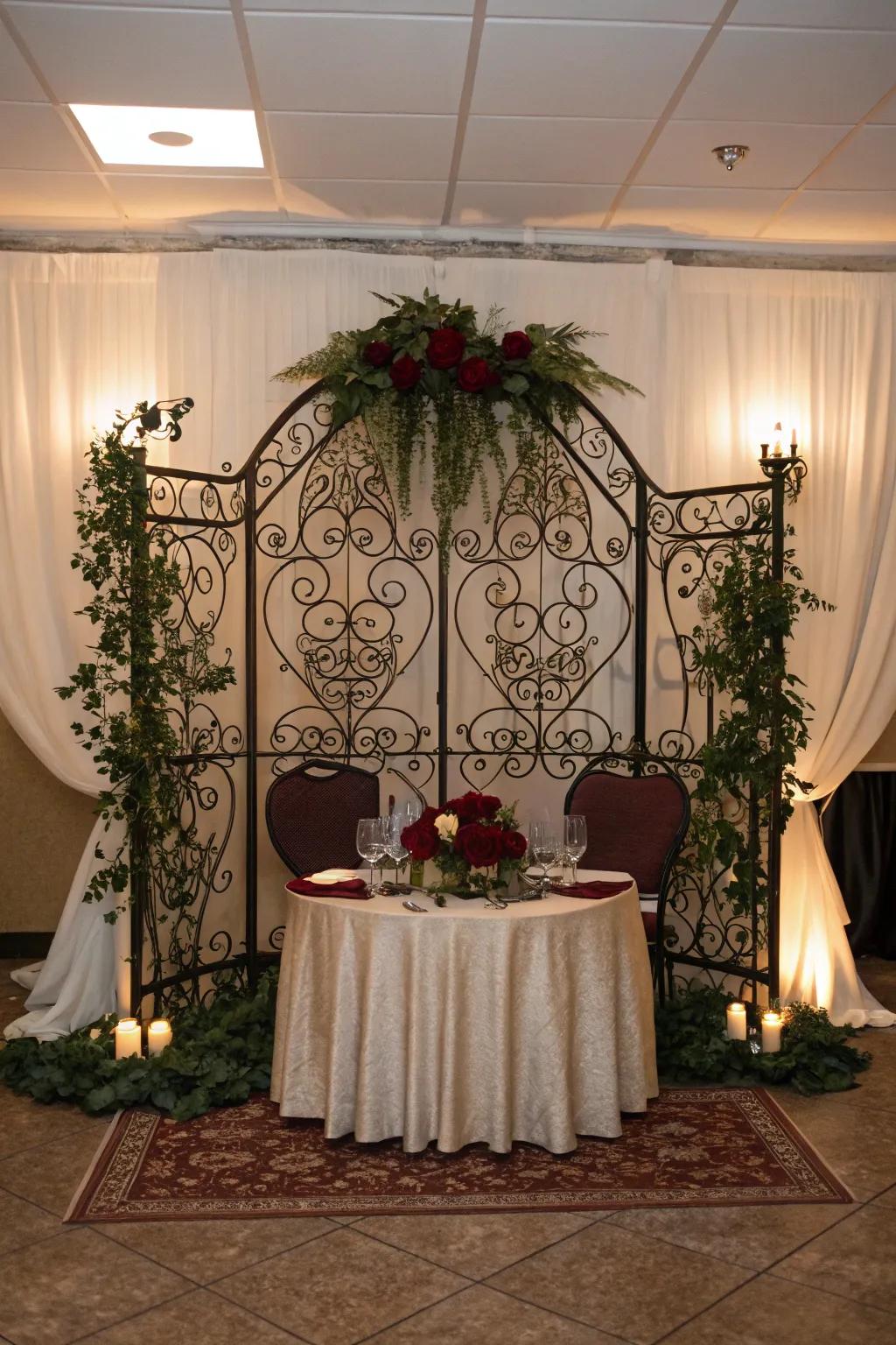 Wrought iron accents bring old-world elegance and sophistication to your sweetheart table.