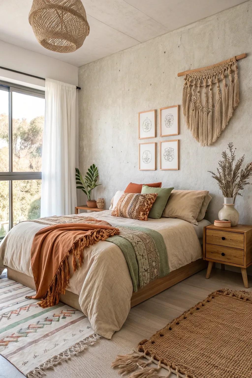 Earthy tones and bohemian vibes create a relaxed and inviting sanctuary.