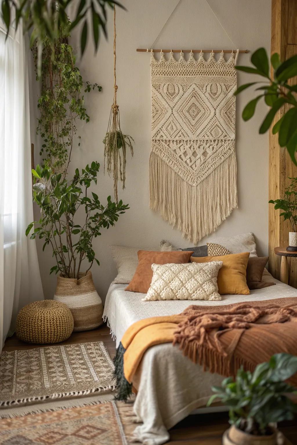 Infuse warmth and style with cozy fabric wall hangings that create a bohemian vibe.