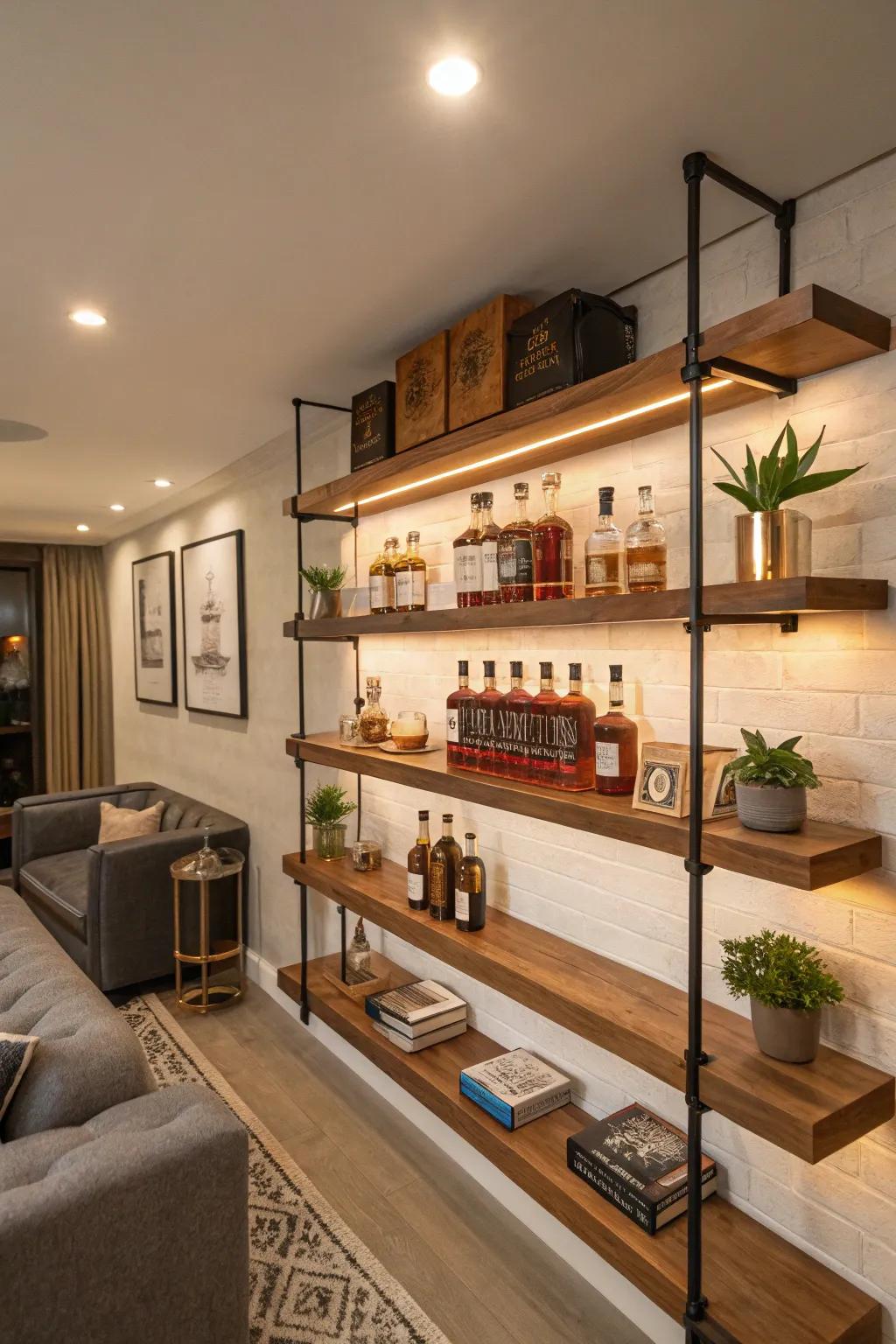 Create an airy and modern display with minimalist floating shelves for your whiskey collection.