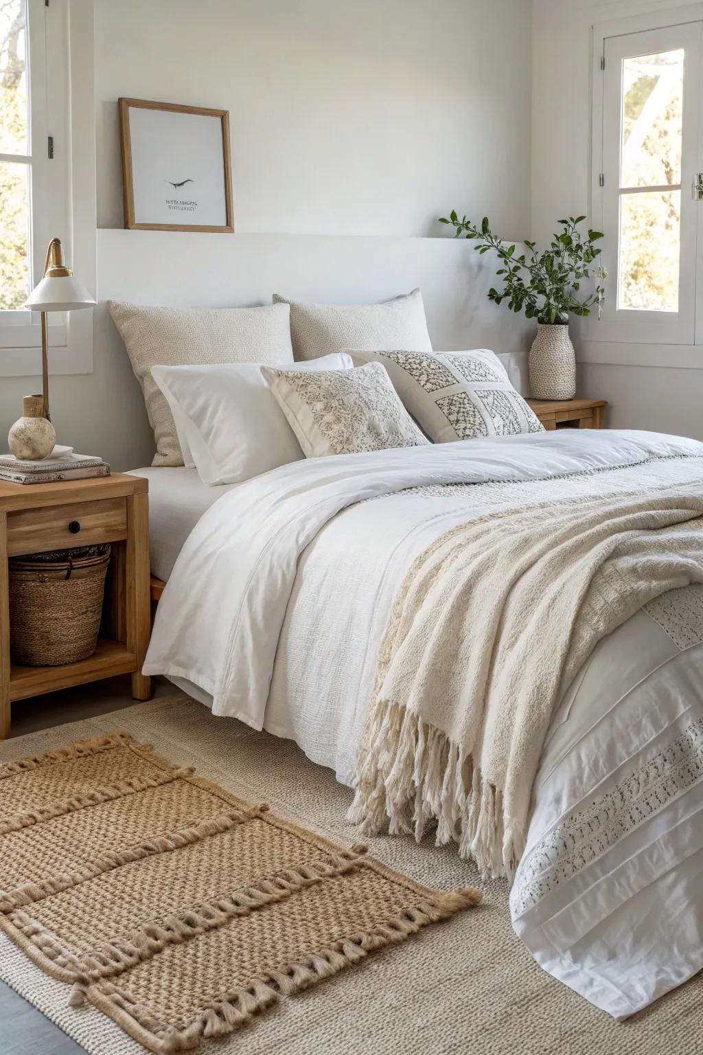 Create a serene and luxurious sleep space with layered white bedding.