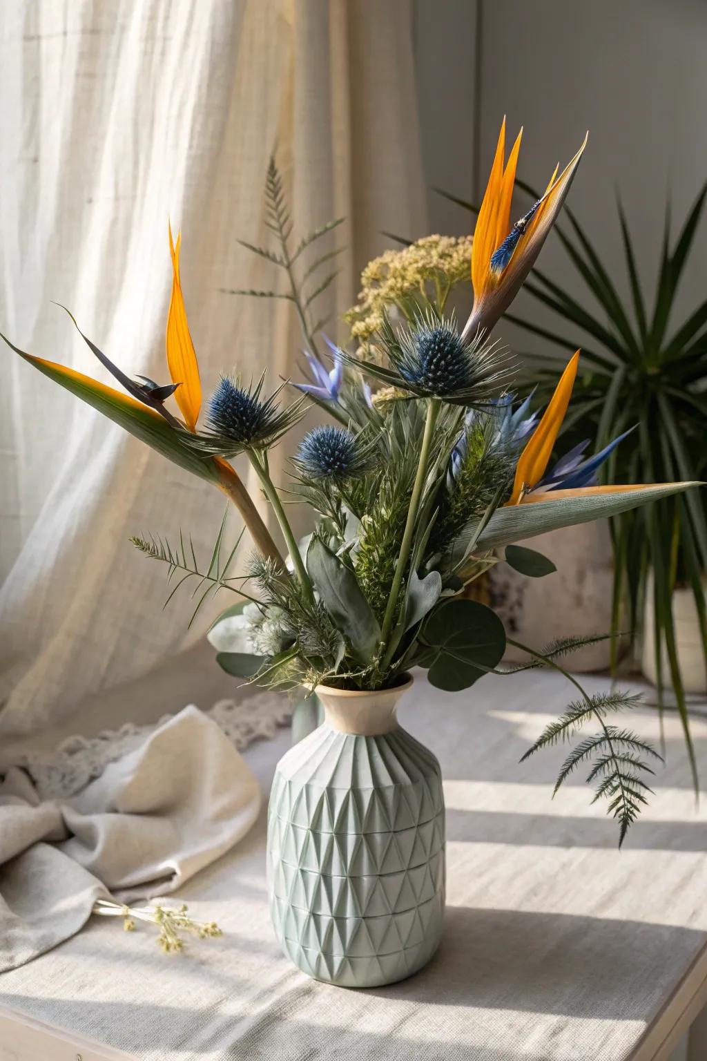 Enhance your Bird of Paradise arrangement with the cool tones of blue thistle. 🌿 #ColorHarmony #FloralDesign
