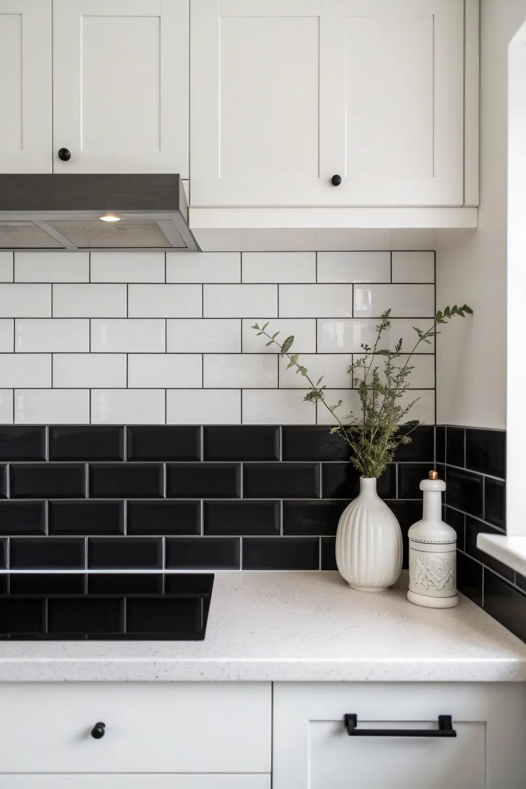 A minimalist white backsplash with a black accent creates a simple yet striking look.
