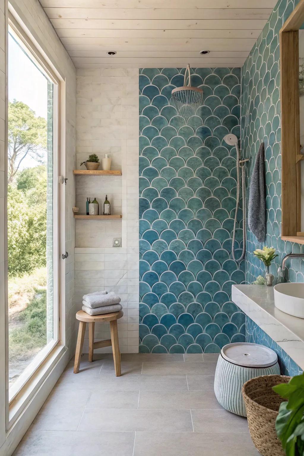 Add a whimsical sea-inspired touch with fish scale blue tiles. 🐟 #SeaDesign #UniqueTiles
