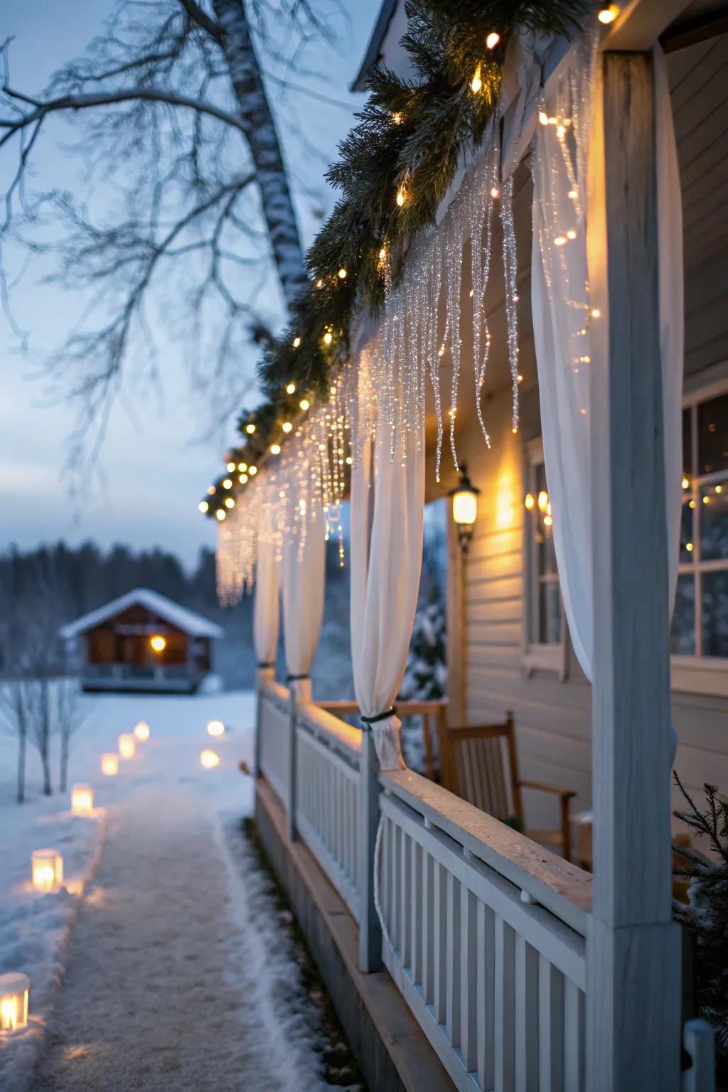 Add a touch of winter elegance with icicle lights that create a sparkling palace-like effect.
