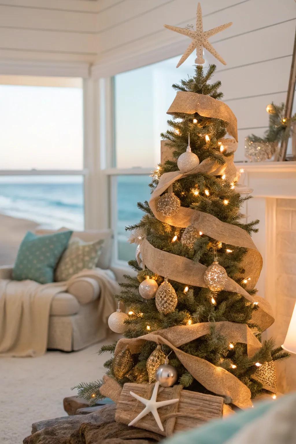 Burlap ribbons add rustic warmth and texture to your coastal tree.