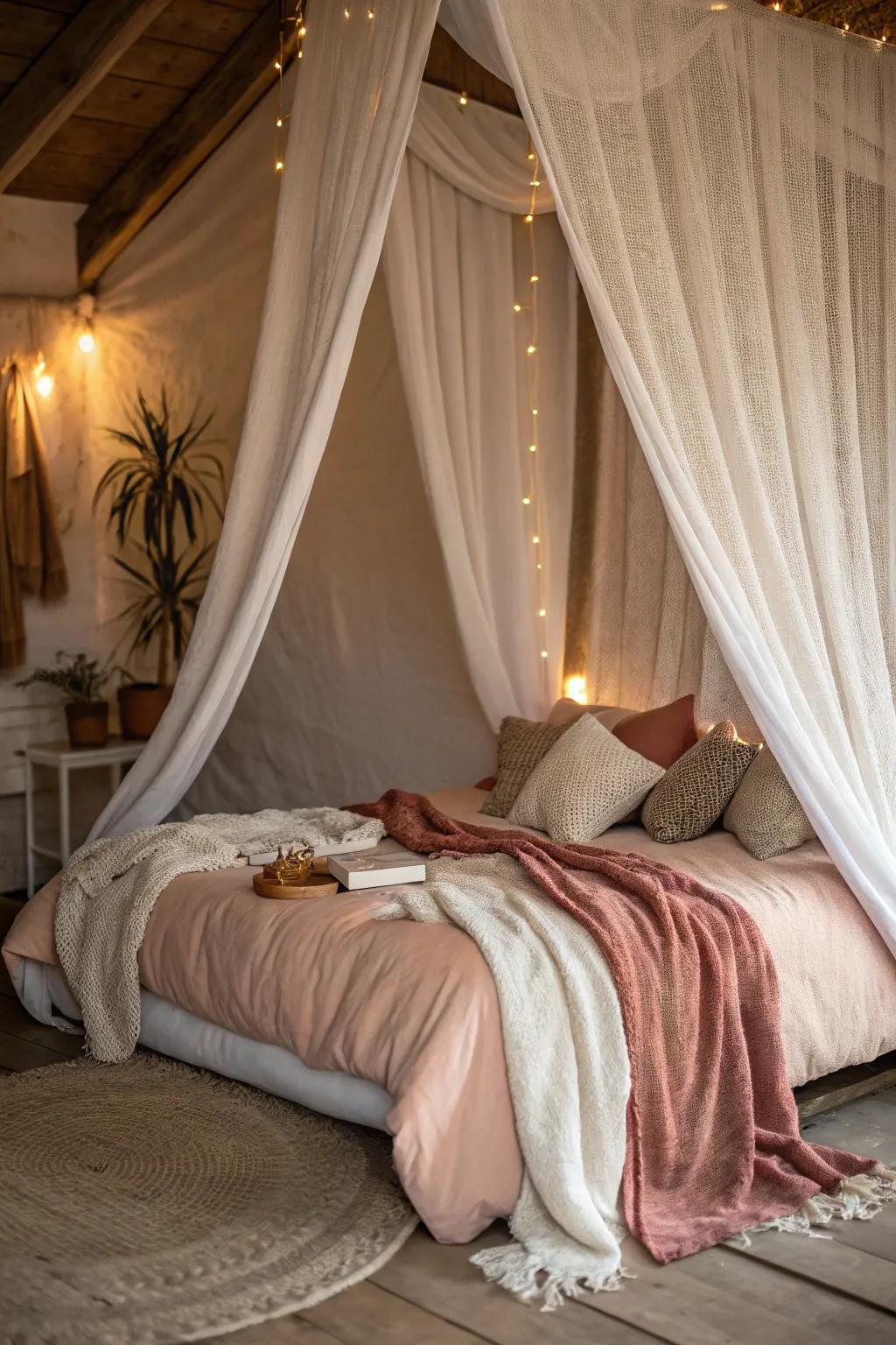 A fabric canopy adds a dreamy and intimate feel to your bedroom.