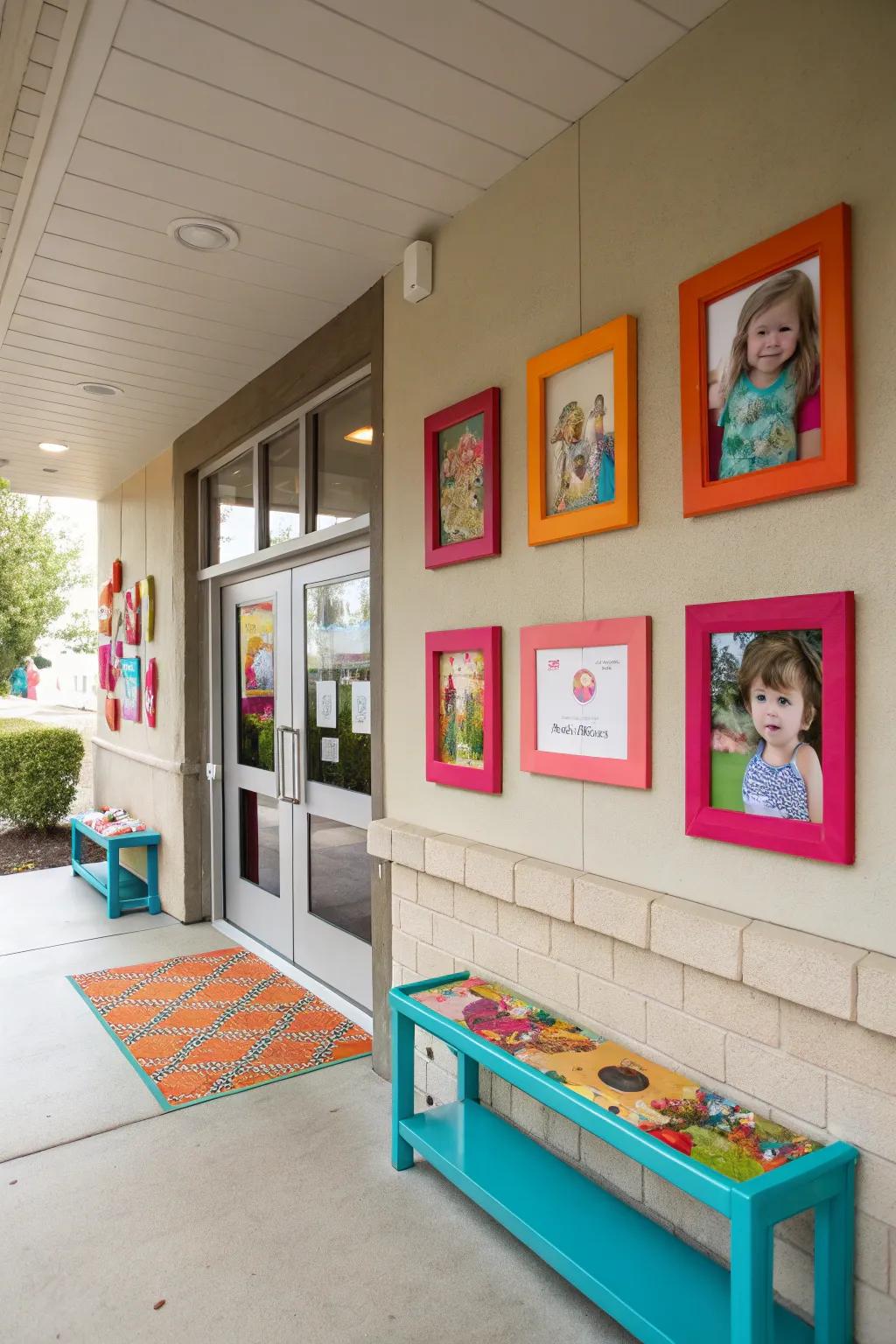 A mini art gallery at the entrance celebrates young artists and their colorful creations.