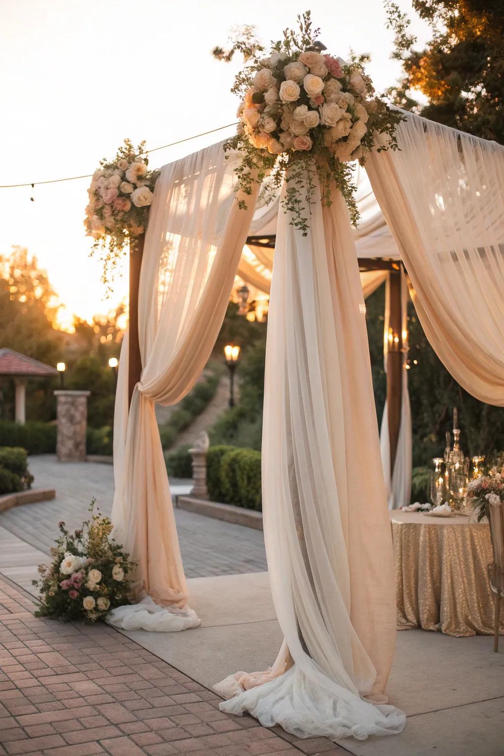 Create a breathtaking ceremony space with a draped arch that exudes romance and elegance.